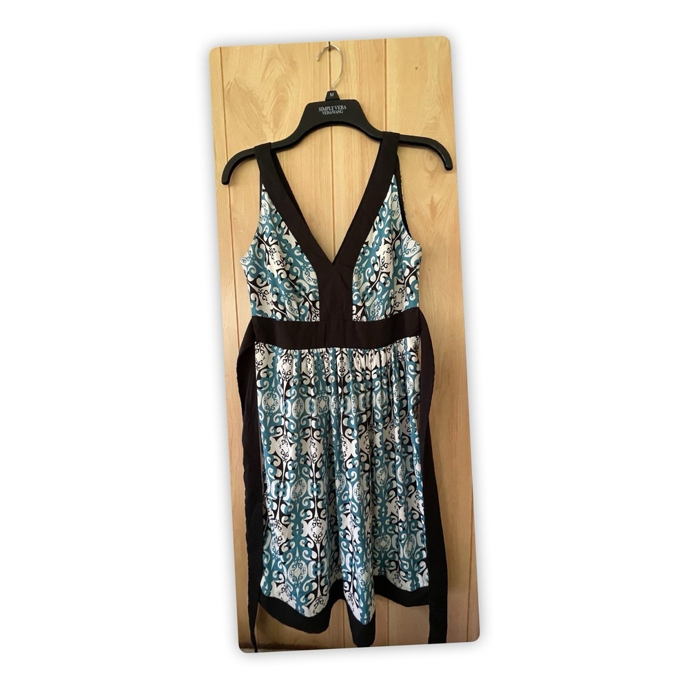 Trulli Womens Sleeveless V Neck Dress Blue Black Print Tie Waist Sz 2